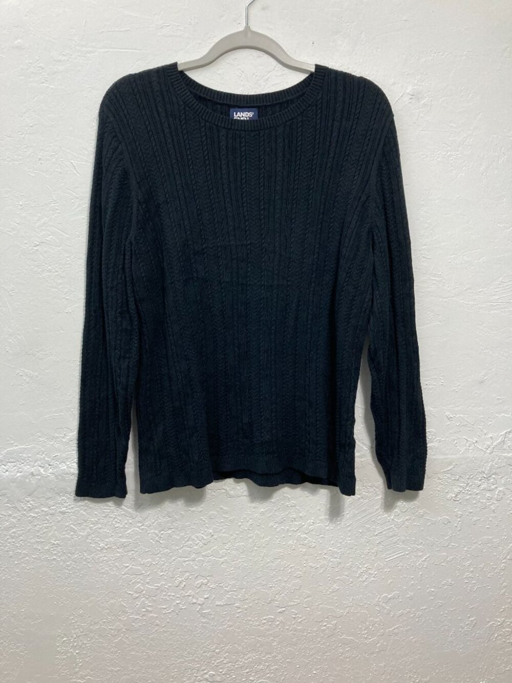 Lands End Cable Knit Women sweater Crew Neck Pullover Preppy Black L (14-16)